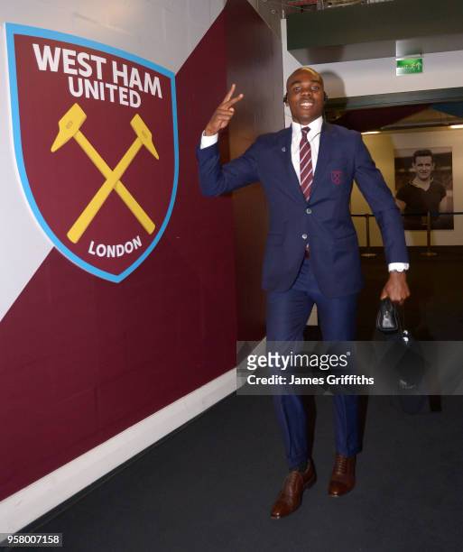 Angelo Ogbonna of West Ham United arrives in bouyant mood prior to Premier League match between West Ham United and Everton at London Stadium on May...