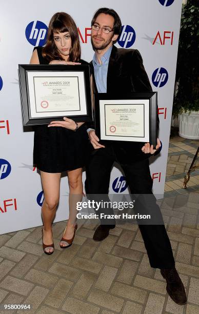 Actors Lizzy Caplan and Martin Starr posing with AFI Awards 2009 Honoring A Year of Excellence plaque for "Party Down" at the Tenth Annual AFI Awards...