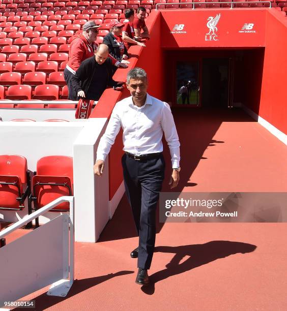 Chris Hughton of manager Brighton and Hove Albion before the Premier League match between Liverpool and Brighton and Hove Albion at Anfield on May...