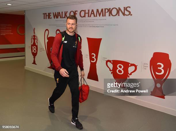 Simon Mignolet of Liverpool arrives before the Premier League match between Liverpool and Brighton and Hove Albion at Anfield on May 13, 2018 in...