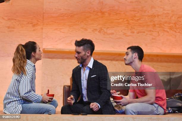 Actor Erick Elias and actress Zuria Vega perform a scene on stage of the theater play 'Straight' during a Press Performance at Milan Theatre on May...