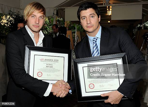 Actors Ryan Hansen and Ken Marino pose with AFI Awards 2009 Honoring A Year of Excellence plaque for "Party Down" at the Tenth Annual AFI Awards 2009...