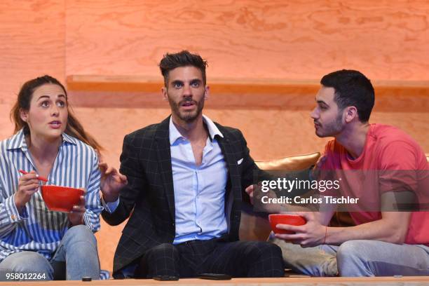 Actor Erick Elias and actress Zuria Vega perform a scene on stage of the theater play 'Straight' during a Press Performance at Milan Theatre on May...