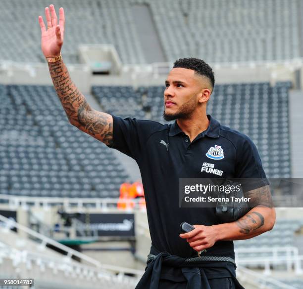 Jamaal Lascelles of Newcastle United arrives for the Premier League Match between Newcastle United and Chelsea at St.James' Park on May 13 in...