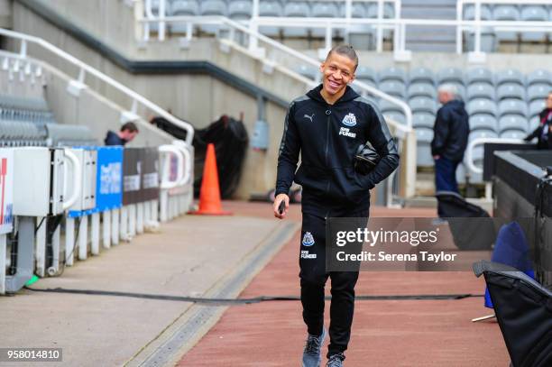 Dwight Gale of Newcastle United arrives for the Premier League Match between Newcastle United and Chelsea at St.James' Park on May 13 in Newcastle...