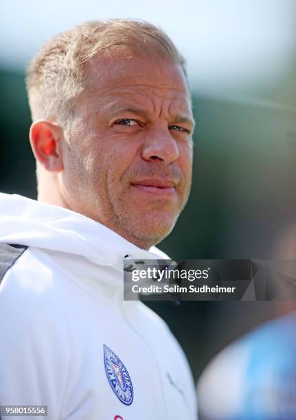 Headcoach Markus Anfang of Holstein Kiel looks on prior to the Second Bundesliga match between Holstein Kiel and Eintracht Braunschweig at...