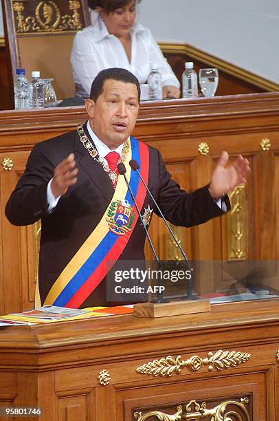 Venezuelan President Hugo Chavez is seen during his annual speech to Parliament in Caracas on January 15, 2010. During his speech, Chavez recognized...