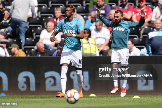 Tammy Abraham of Swansea City and Leon Britton of Swansea City during the Premier League match between Swansea City and Stoke City at Liberty Stadium...