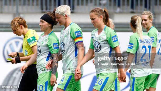 Ella Masar, Nilla Fischer and Caroline Graham Hansen of Wolfsburg celebration the Goal 2:0 for Wolfsburg during the Allianz Frauen Bundesliga match...