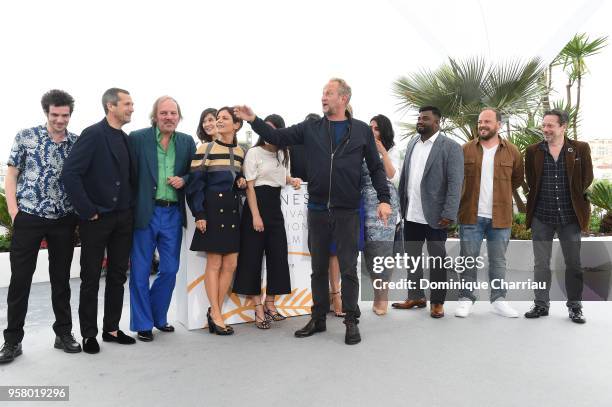 Benoit Poelvoorde poses with fellow actors and actresses Felix Moati, Guillaume Canet, Philippe Katerine, Marina Fois, Melanie Doutey, Leila Bekhti,...