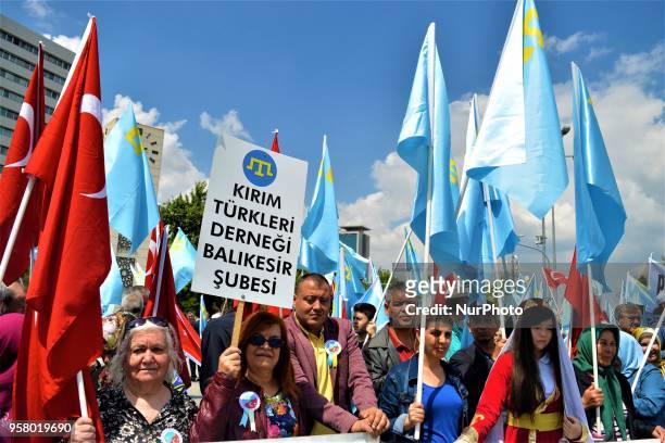 People attend a mourning rally marking the Deportation of the Crimean Tatars in Ankara, Turkey, on Sunday, May 13, 2018. A total of 238,500 people...