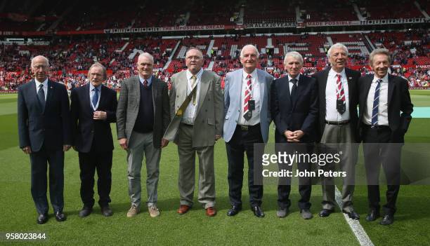Members of the 1968 European Cup winning squad pose ahead of the Premier League match between Manchester United and Watford at Old Trafford on May...
