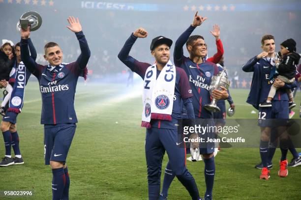 Marco Verratti, Neymar Jr, Thiago Silva, Thomas Meunier of PSG celebrate during the French Ligue 1 Championship Trophy Ceremony following the Ligue 1...