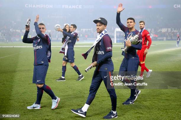 Marco Verratti, Angel Di Maria, Neymar Jr, Thiago Silva, goalkeeper of PSG Kevin Trapp celebrate during the French Ligue 1 Championship Trophy...