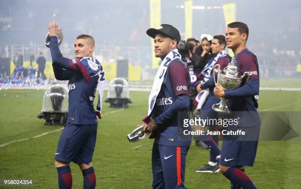 Marco Verratti, Neymar Jr, Thiago Silva of PSG celebrate during the French Ligue 1 Championship Trophy Ceremony following the Ligue 1 match between...