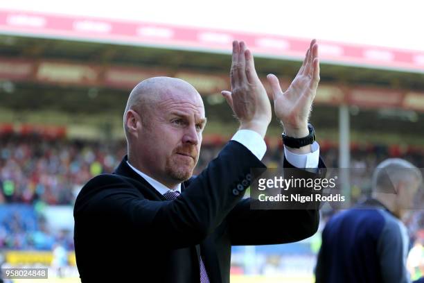 Sean Dyche, Manager of Burnley shows appreciation to the fans prior to the Premier League match between Burnley and AFC Bournemouth at Turf Moor on...