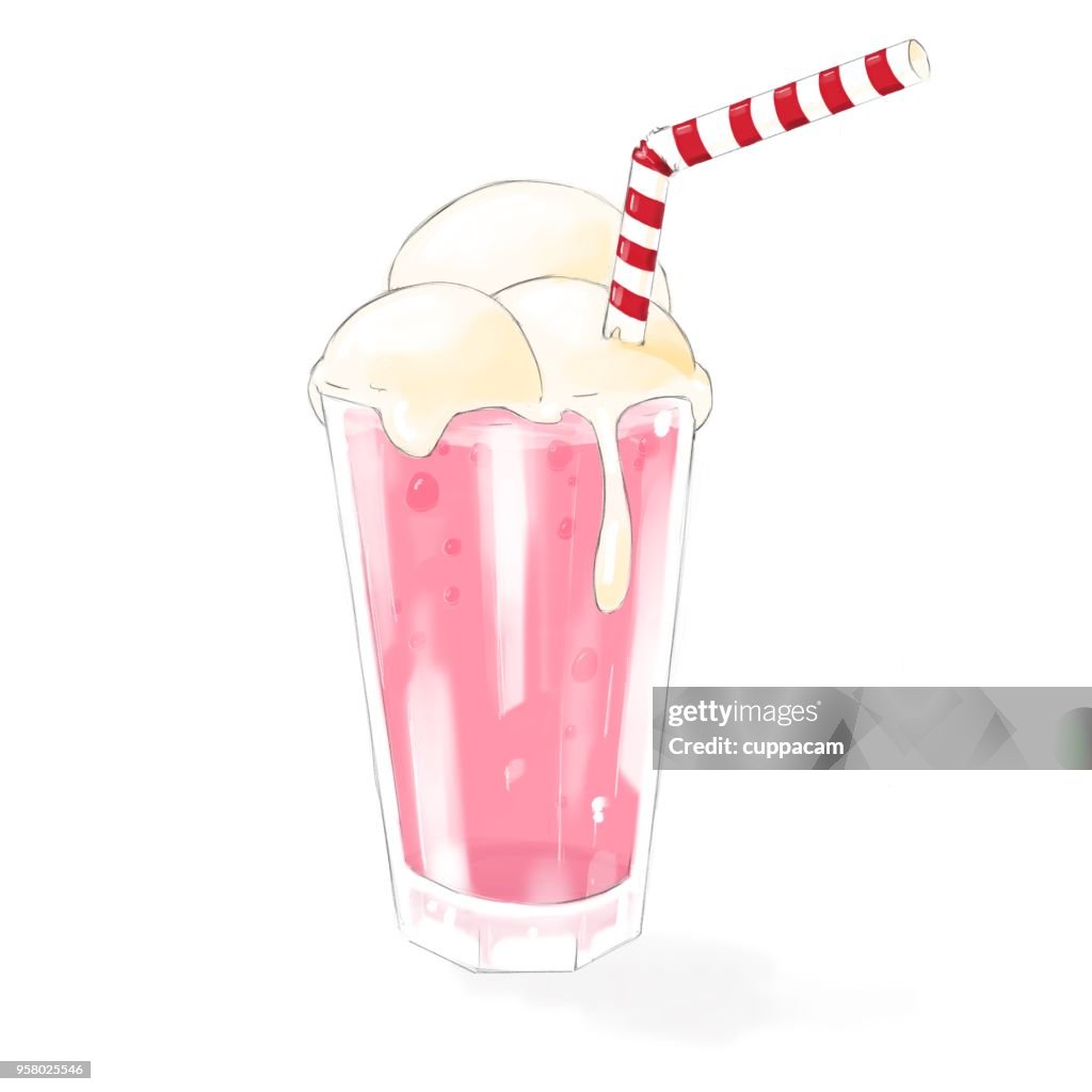 Klassieke aardbei milkshake met ijs topping en stro