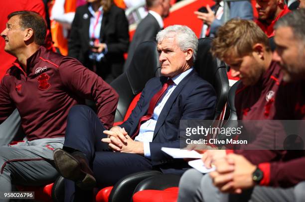 Mark Hughes, Manager of Southampton looks on prior to the Premier League match between Southampton and Manchester City at St Mary's Stadium on May...