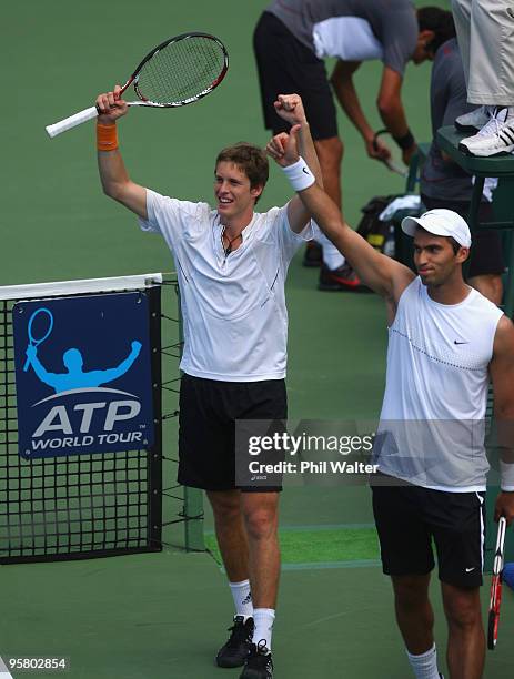 Marcus Daniell of New Zealand and Horia Tecau of Romania celebrate after their doubles final against Marcelo Melo and Bruno Soares of Brazil during...