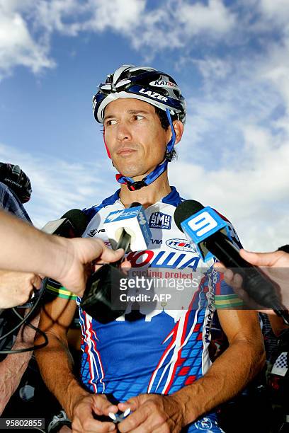 Australian Robbie McEwen of Team Katusha talks to the media prior to the start of the 2010 Tour Down Under in Adelaide on January 15, 2010. The Tour...