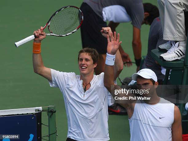 Marcus Daniell of New Zealand and Horia Tecau of Romania celebrate after their doubles final against Marcelo Melo and Bruno Soares of Brazil during...