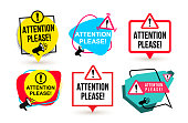 Set of Attention please. Badge with megaphone icons. Flat design. Vector illustration. Isolated on white background