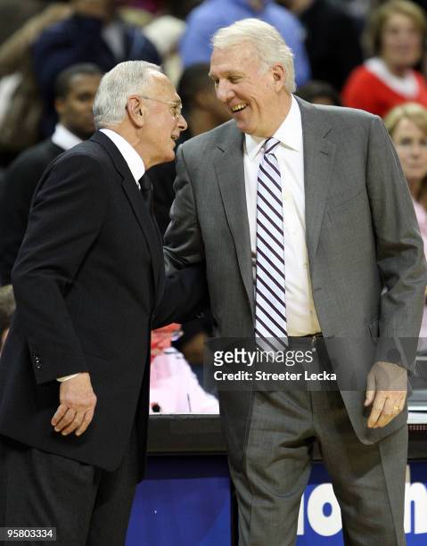 Head coach Gregg Popovich of the San Antonio Spurs talks to head coach Larry Brown of the Charlotte Bobcats after their game at Time Warner Cable...