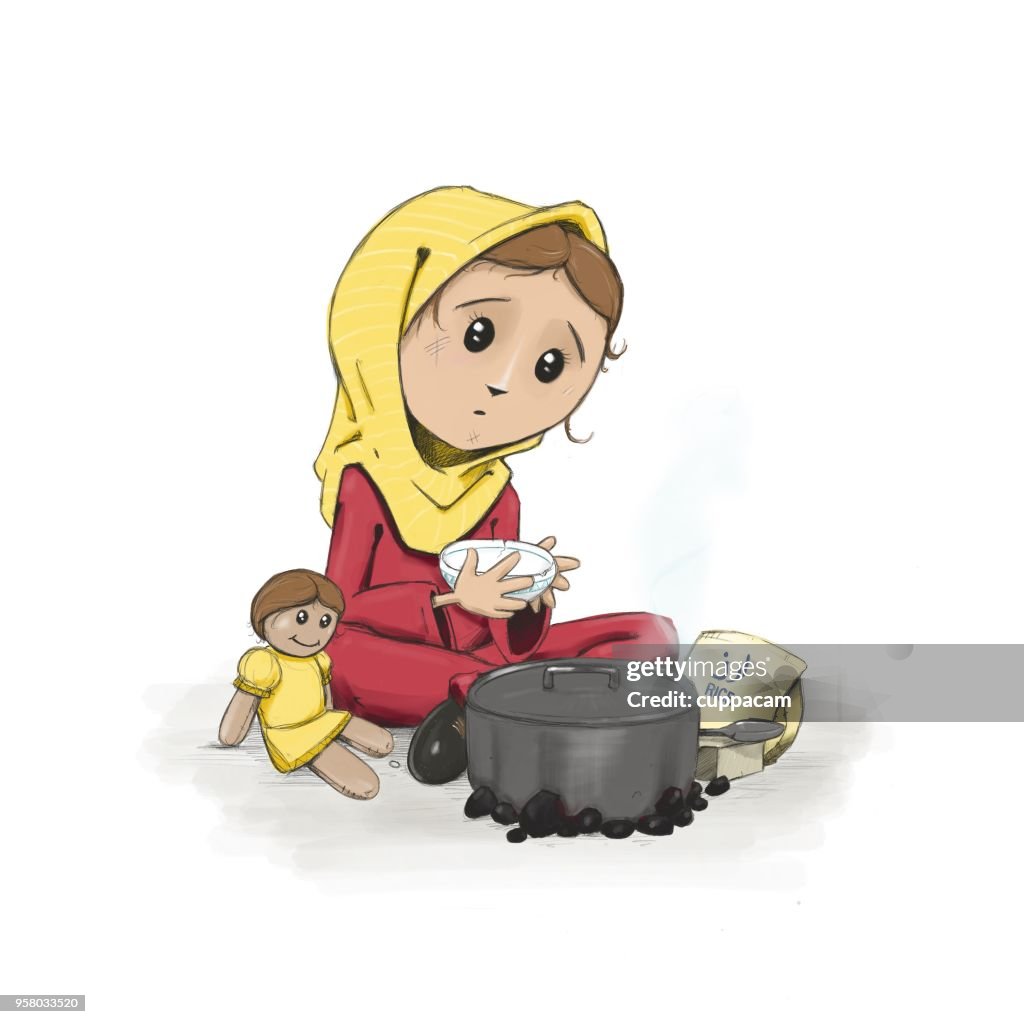 Young refugee girl waiting for the pot to boil