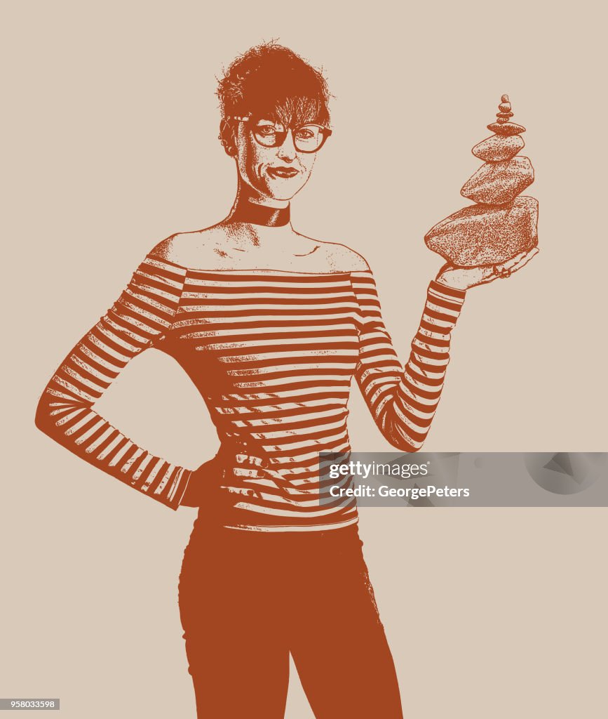 Businesswoman holding rock cairn