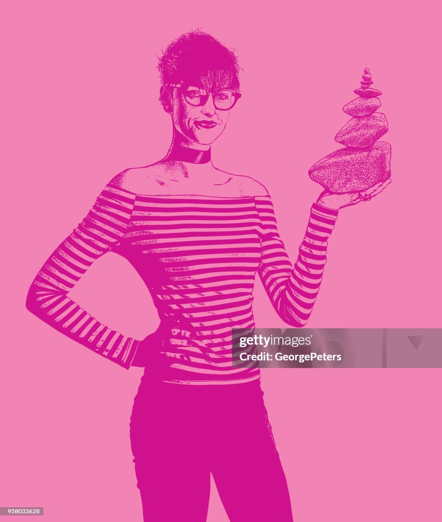 Businesswoman holding rock cairn