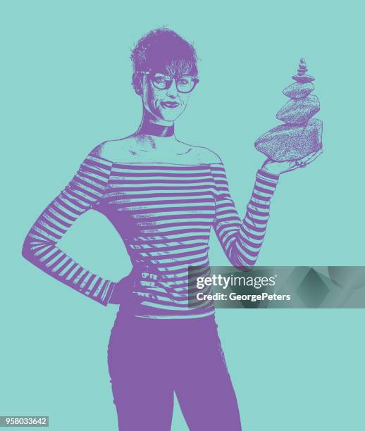 businesswoman holding rock cairn - 20 20 vision stock illustrations