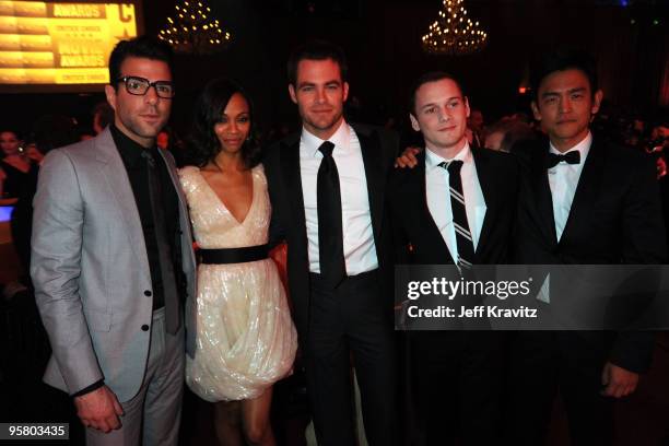 Actors Zachary Quinto, Zoe Saldana, Chris Pine, Anton Yelchin and John Cho attend the 15th Annual Critics' Choice Movie Awards held at the Hollywood...