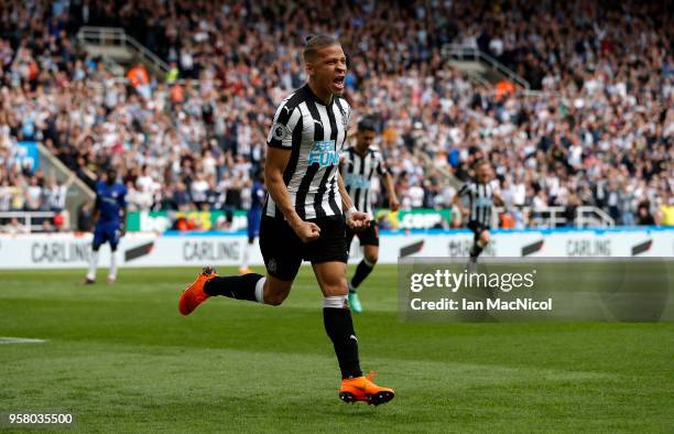Dwight Gayle of Newcastle United celebrates after scoring his sides first goal during the Premier League match between Newcastle United and Chelsea...