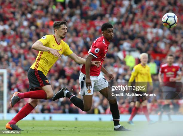 Marcus Rashford of Manchester United in action with Craig Cathcart of Watford during the Premier League match between Manchester United and Watford...