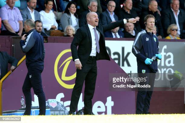 Sean Dyche, Manager of Burnley gives instruction to his team during the Premier League match between Burnley and AFC Bournemouth at Turf Moor on May...