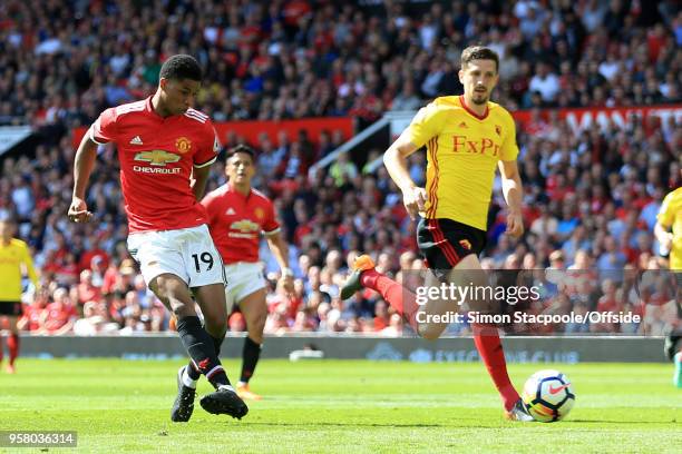 Marcus Rashford of Man Utd scores their 1st goal during the Premier League match between Manchester United and Watford at Old Trafford on May 13,...