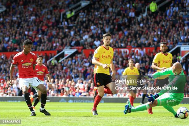Marcus Rashford of Man Utd scores their 1st goal during the Premier League match between Manchester United and Watford at Old Trafford on May 13,...