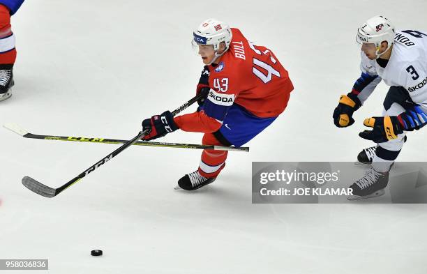 Norway's Christian Bull steals a hockey stick of Nick Bonino of the United States during the group B match Norway vs US of the 2018 IIHF Ice Hockey...