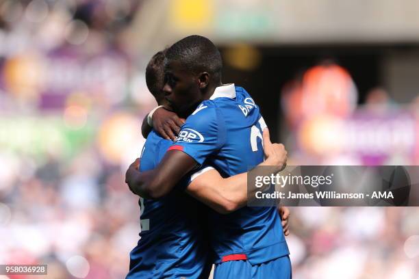 Badou Ndiaye of Stoke City celebrates after scoring a goal to make it 1-1 during the Premier League match between Swansea City and Stoke City at...