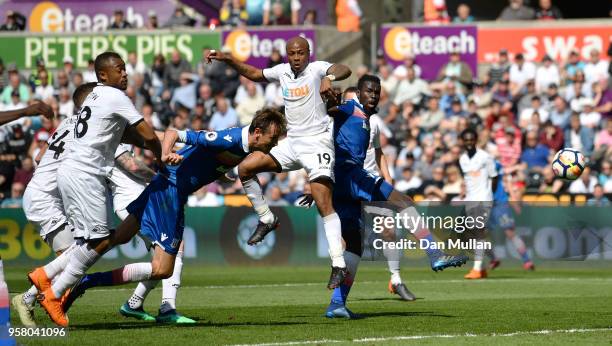 Peter Crouch of Stoke City scores his sides second goal during the Premier League match between Swansea City and Stoke City at Liberty Stadium on May...