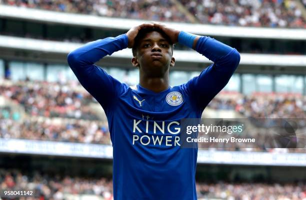 Demarai Gray of Leicester City reacts during the Premier League match between Tottenham Hotspur and Leicester City at Wembley Stadium on May 13, 2018...