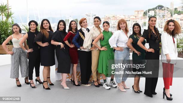 Director Eva Husson poses with actresses Maia Shamoevi, a guest, Roza Mirzoiani, Sinama Alievi, Mari Samidovi, Golshifteh Farahani, Evin Ahmad,...