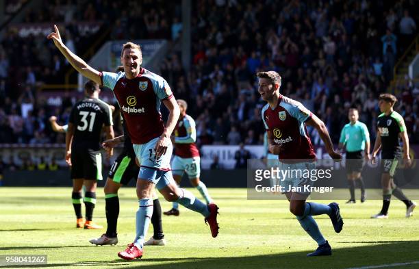 Chris Wood of Burnley celebrates scoring his sides first goal during the Premier League match between Burnley and AFC Bournemouth at Turf Moor on May...