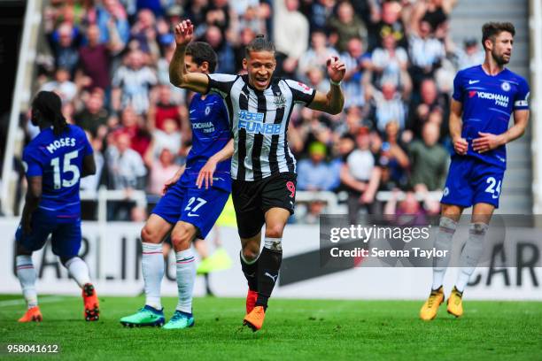 Dwight Gale of Newcastle United celebrates after scoring the opening goal during the Premier League Match between Newcastle United and Chelsea at...