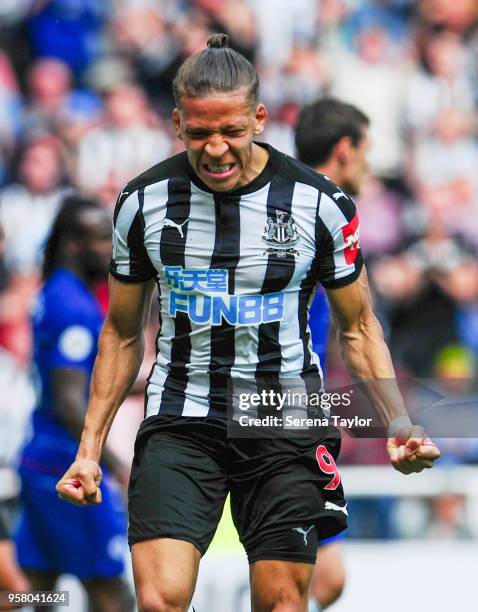 Dwight Gale of Newcastle United celebrates after scoring the opening goal during the Premier League Match between Newcastle United and Chelsea at...