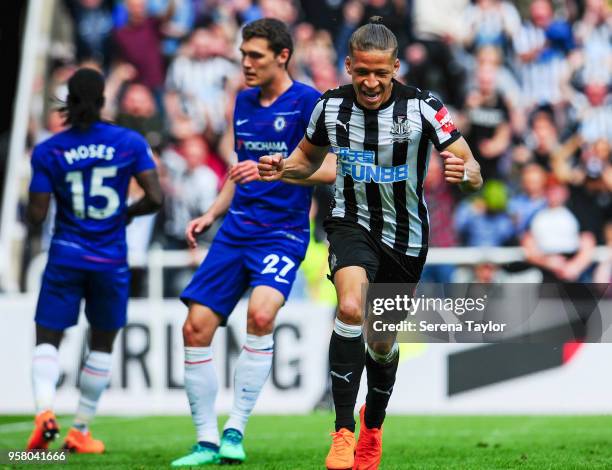 Dwight Gale of Newcastle United celebrates after scoring the opening goal during the Premier League Match between Newcastle United and Chelsea at...