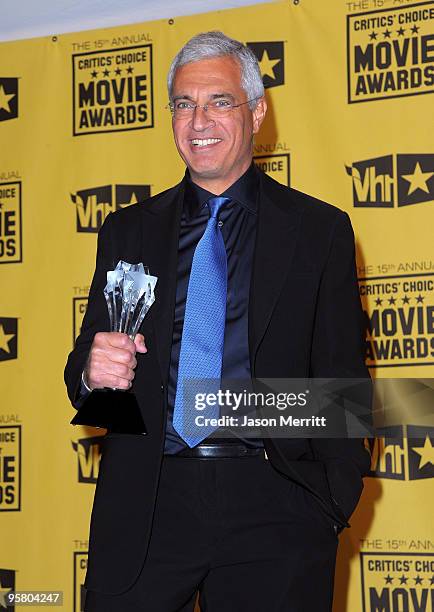 Director Louie Psihoyos poses with Best Documentary Feature award for "The Cove" in the press room during the 15th annual Critics' Choice Movie...