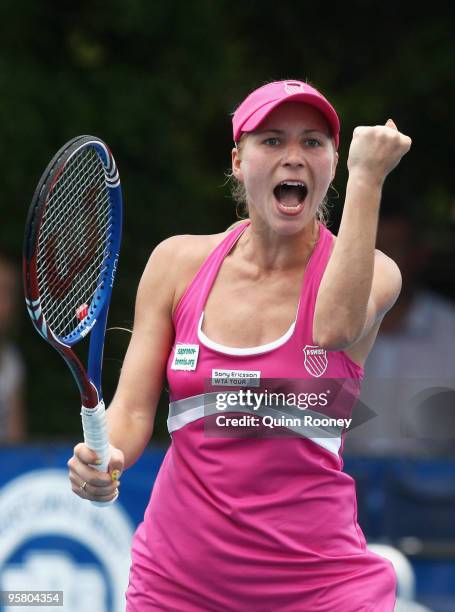 Alona Bondarenko of the Ukraine celebrates winning match point in her singles finals match against Shahar Peer of Israel during day nine of the...