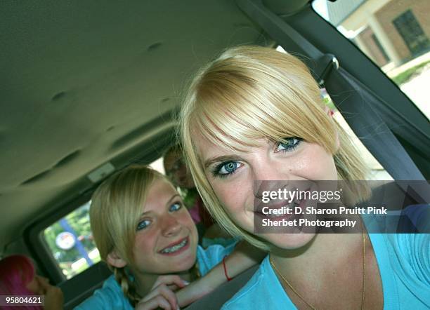 girls in the van - wonky fringe stock pictures, royalty-free photos & images