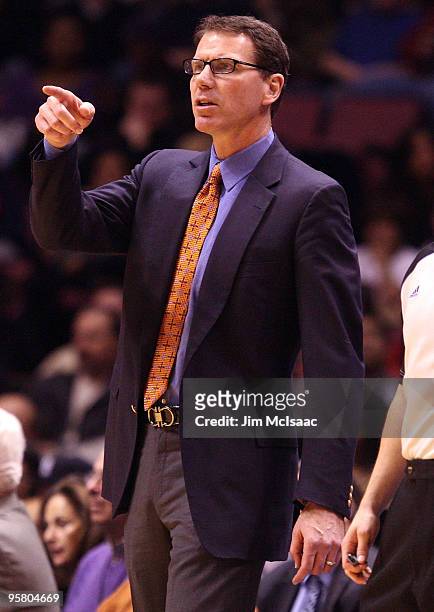 Head coach Kiki Vandeweghe of the New Jersey Nets looks on as his team plays the Indiana Pacers at the Izod Center on January 15, 2010 in East...